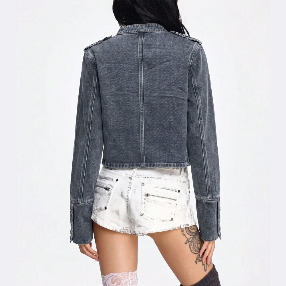 Gray Denim Military Band Jacket with Silver Button Trim - Picture 2 of 7